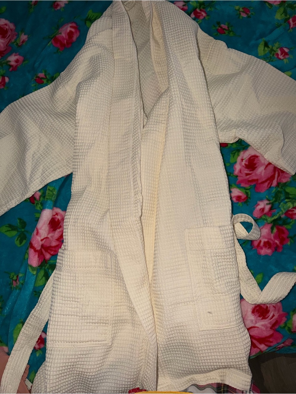 Cream Waffle Weave Bathrobe with Front Pockets